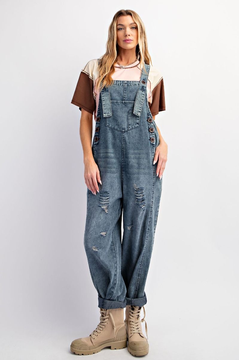 WASHED BLUE DENIM SLIM GRUNGE JUMPSUIT / OVERALLS