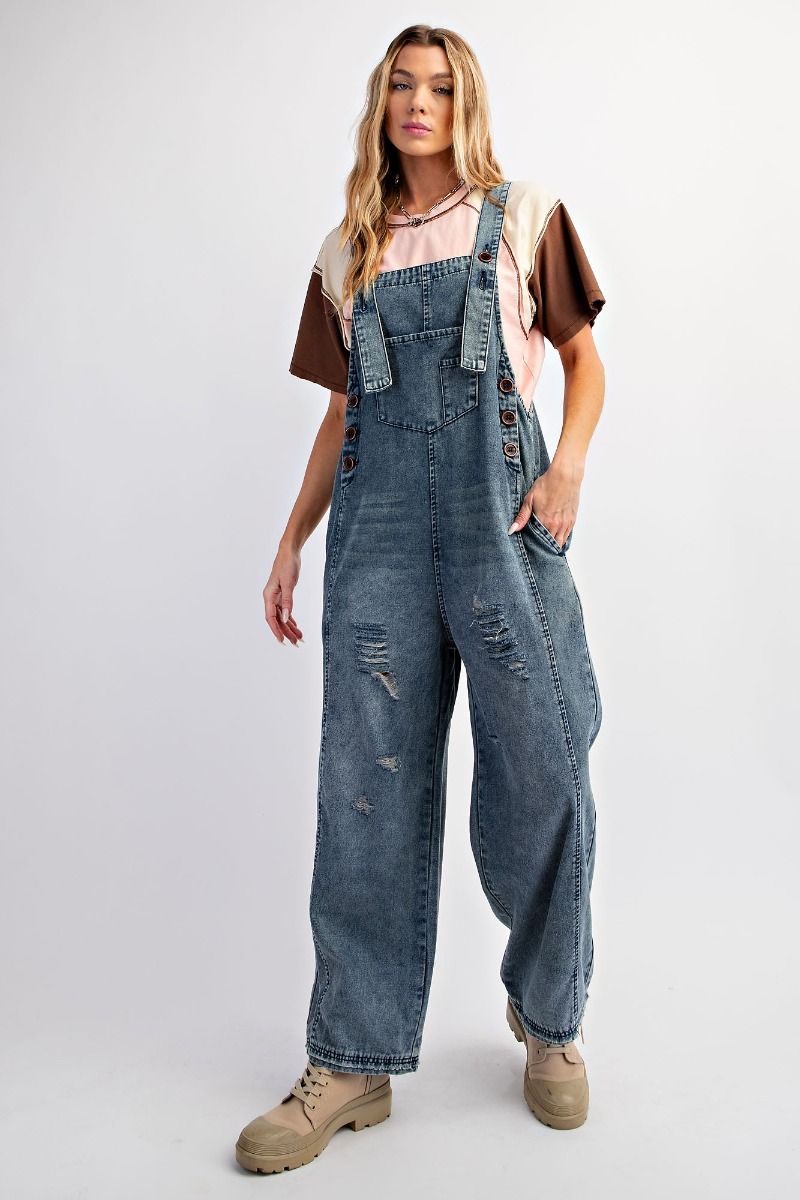 WASHED BLUE DENIM SLIM GRUNGE JUMPSUIT / OVERALLS