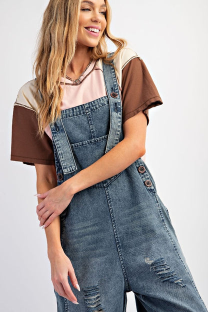 WASHED BLUE DENIM SLIM GRUNGE JUMPSUIT / OVERALLS