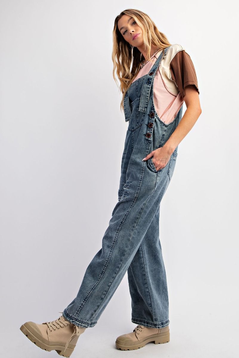 WASHED BLUE DENIM SLIM GRUNGE JUMPSUIT / OVERALLS