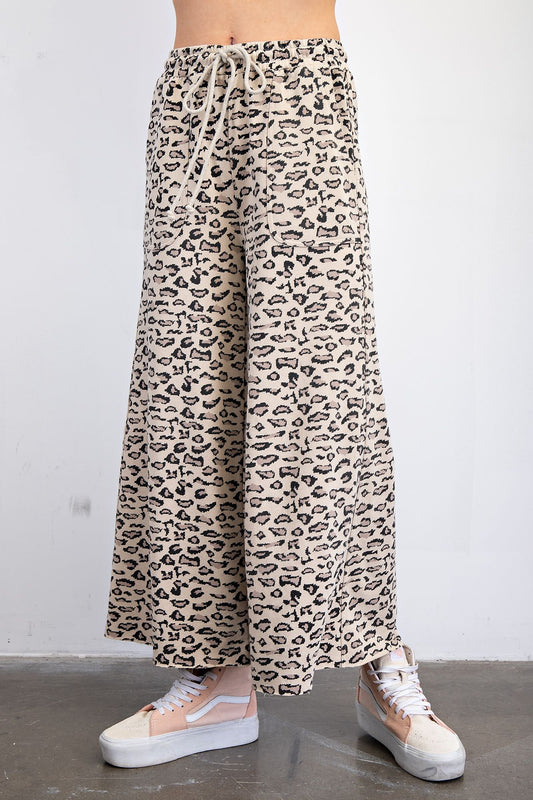 MOCHA  ANIMAL PRINT MINERAL WASHED TERRY KNIT PANTS