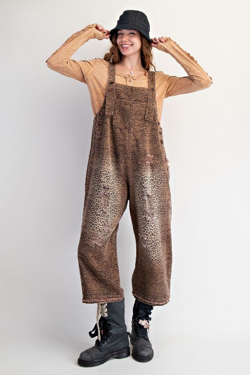 MOCHA ANIMAL PRINTED WASHED DEINIM OVERALLS