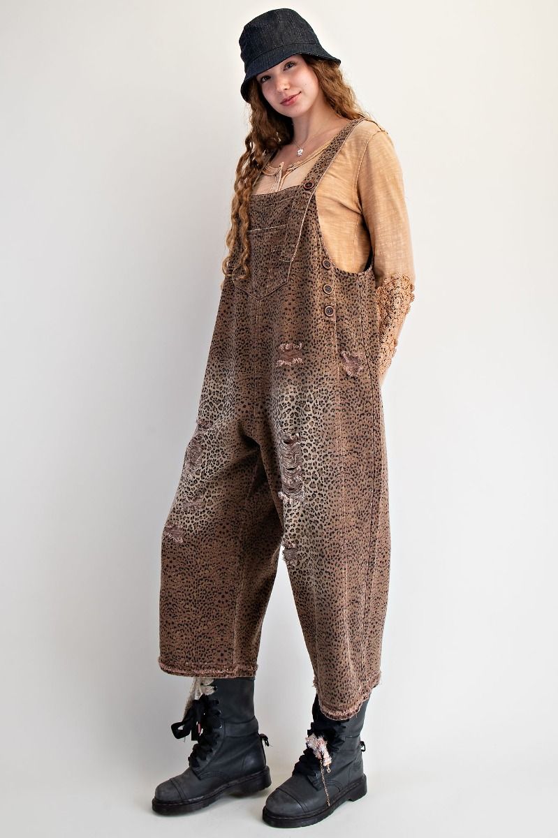 MOCHA ANIMAL PRINTED WASHED DEINIM OVERALLS