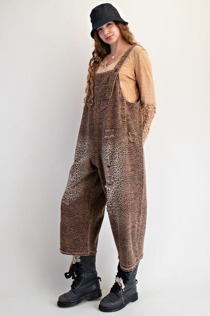MOCHA ANIMAL PRINTED WASHED DEINIM OVERALLS