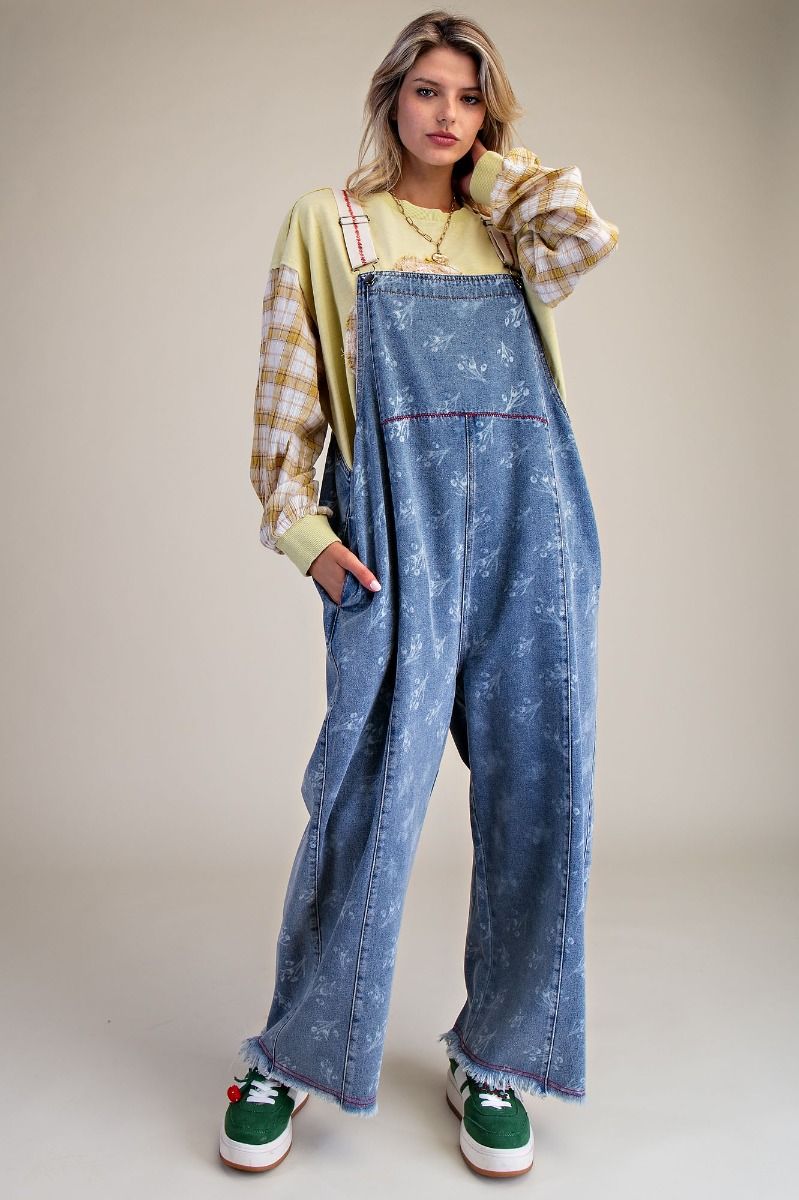 FLORAL PRINTED WASHED OVERALLS