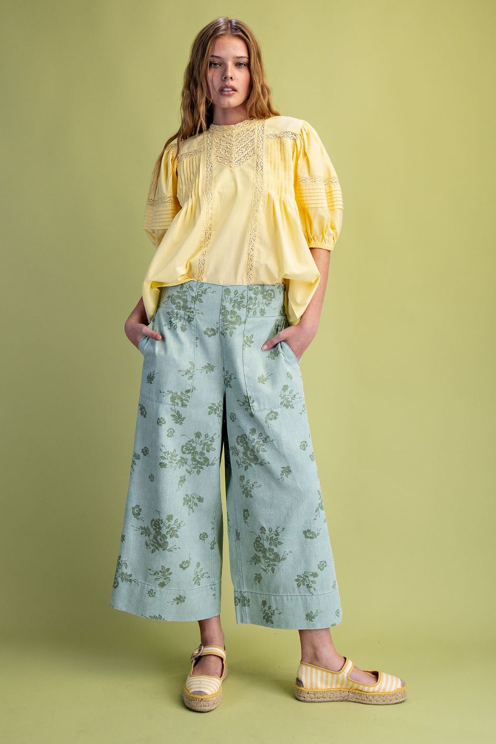 SAGE GREEN FLORAL PRINT WASHED TWILL PANTS