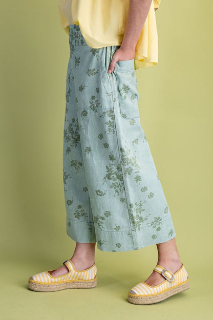SAGE GREEN FLORAL PRINT WASHED TWILL PANTS