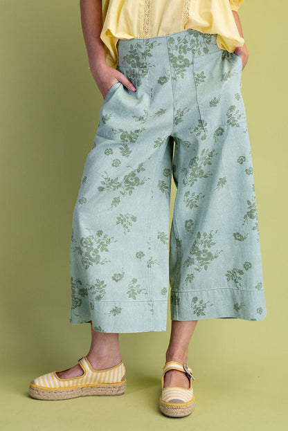 SAGE GREEN FLORAL PRINT WASHED TWILL PANTS