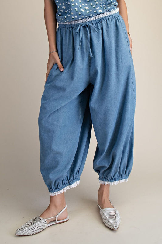 EASEL LIGHT DENIM LACE HEM DETAILING WASHED DENIM PANTS