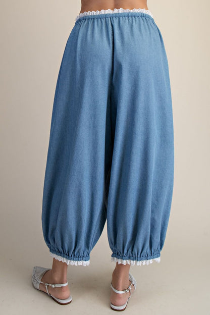 EASEL LIGHT DENIM LACE HEM DETAILING WASHED DENIM PANTS