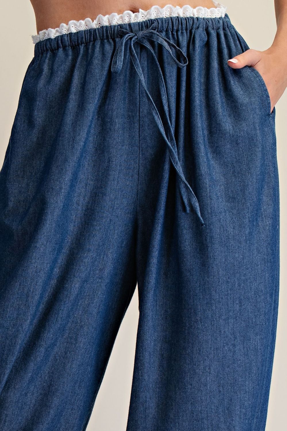 EASEL DARK WASH LACE HEM DETAILING WASHED DENIM PANTS