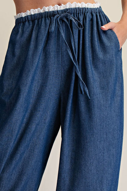 EASEL DARK WASH LACE HEM DETAILING WASHED DENIM PANTS