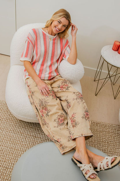 EASEL FLORAL PRINT WASHED TWILL BARREL PANTS in TOAST