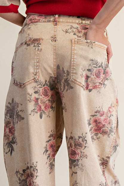 EASEL FLORAL PRINT WASHED TWILL BARREL PANTS in TOAST