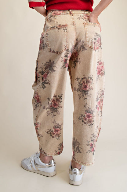 EASEL FLORAL PRINT WASHED TWILL BARREL PANTS in TOAST