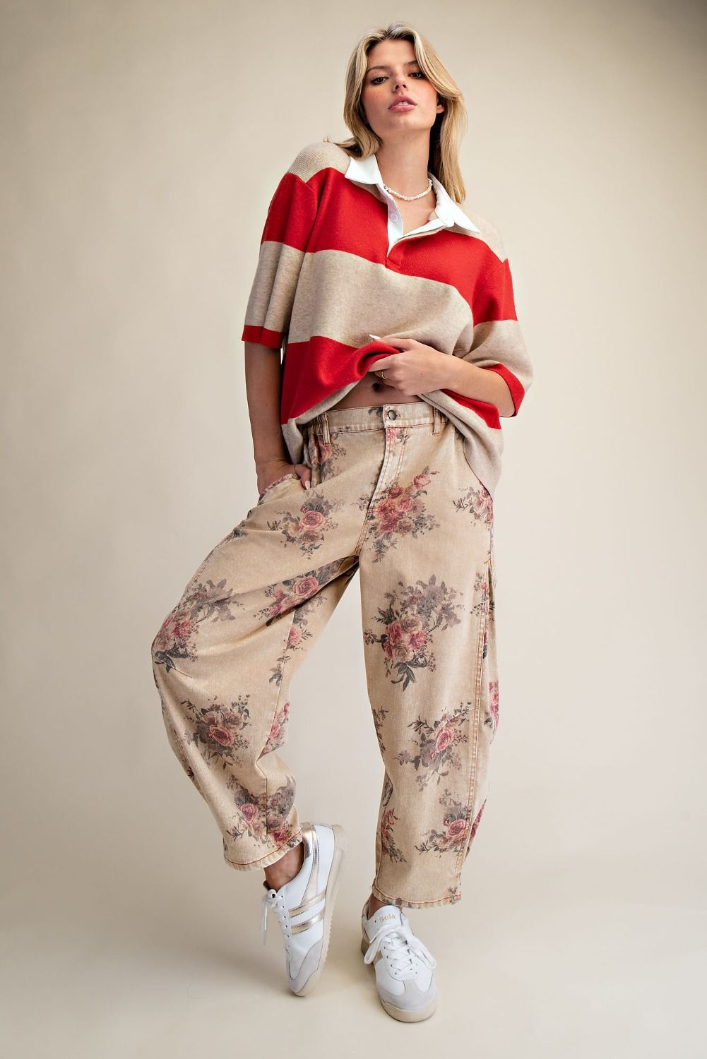 EASEL FLORAL PRINT WASHED TWILL BARREL PANTS in TOAST