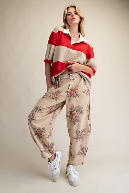 EASEL FLORAL PRINT WASHED TWILL BARREL PANTS in TOAST