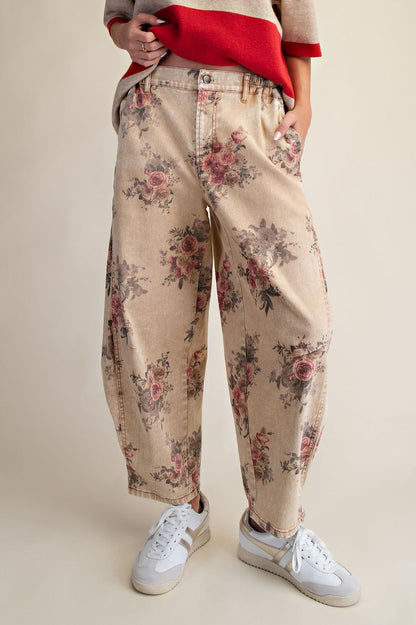 EASEL FLORAL PRINT WASHED TWILL BARREL PANTS in TOAST