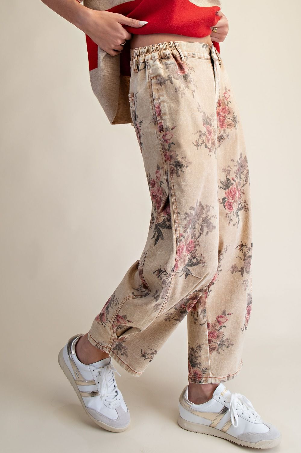 EASEL FLORAL PRINT WASHED TWILL BARREL PANTS in TOAST