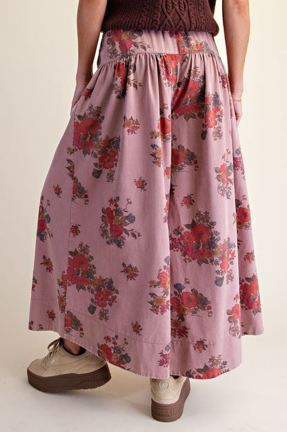 Mauve Floral Mineral Washed Wide Leg Pants