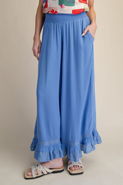 CADET BLUE RUFFLE BOTTOM GAUZE PANTS