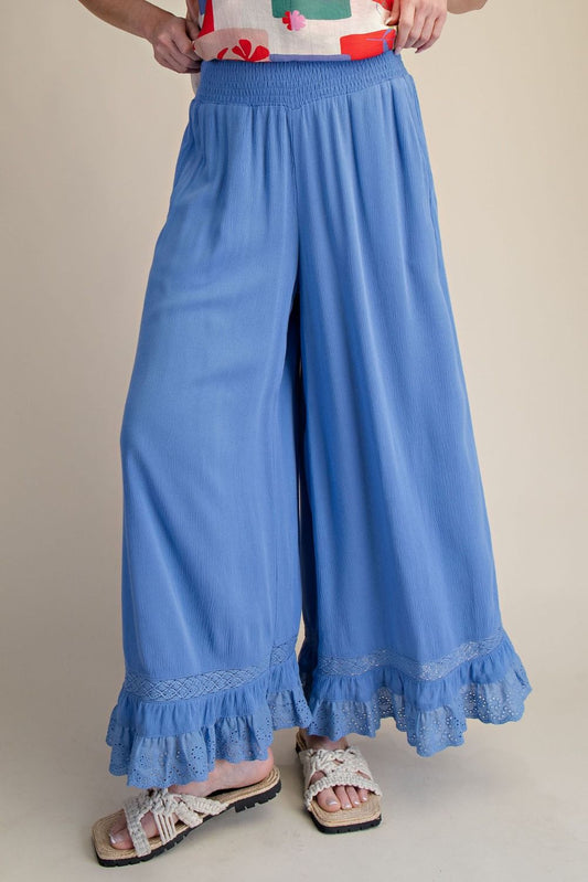 CADET BLUE RUFFLE BOTTOM GAUZE PANTS