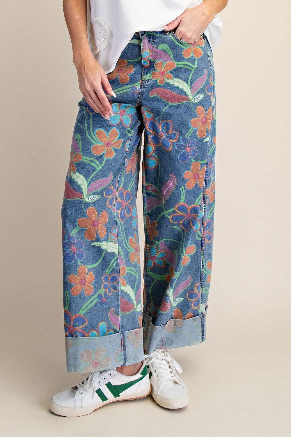 Easel Botanical Print Denim Pant