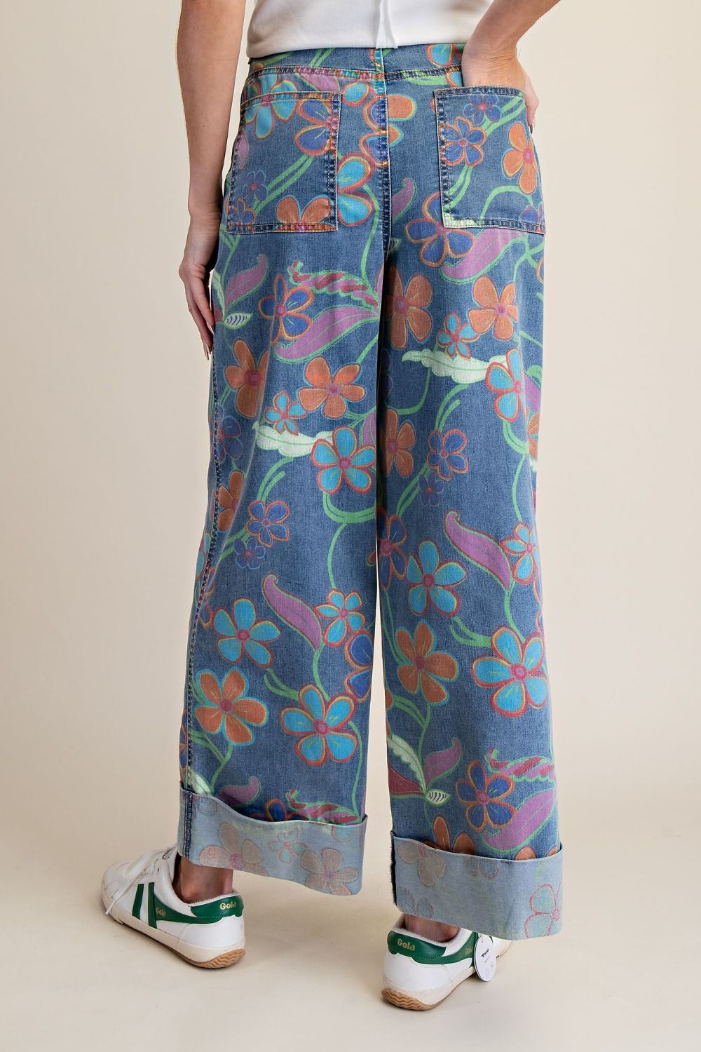 Easel Botanical Print Denim Pant