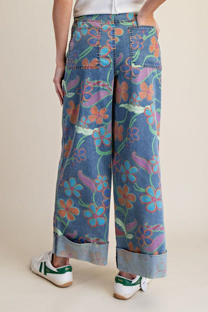Easel Botanical Print Denim Pant