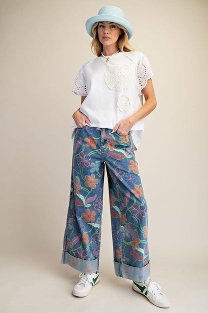 Easel Botanical Print Denim Pant