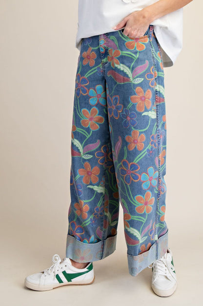 Easel Botanical Print Denim Pant