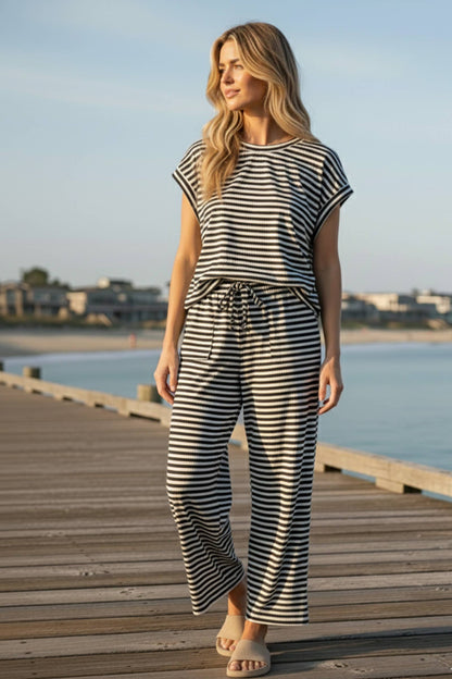Striped Rib Top and Pants Lounge Set: BLACK/CREAM