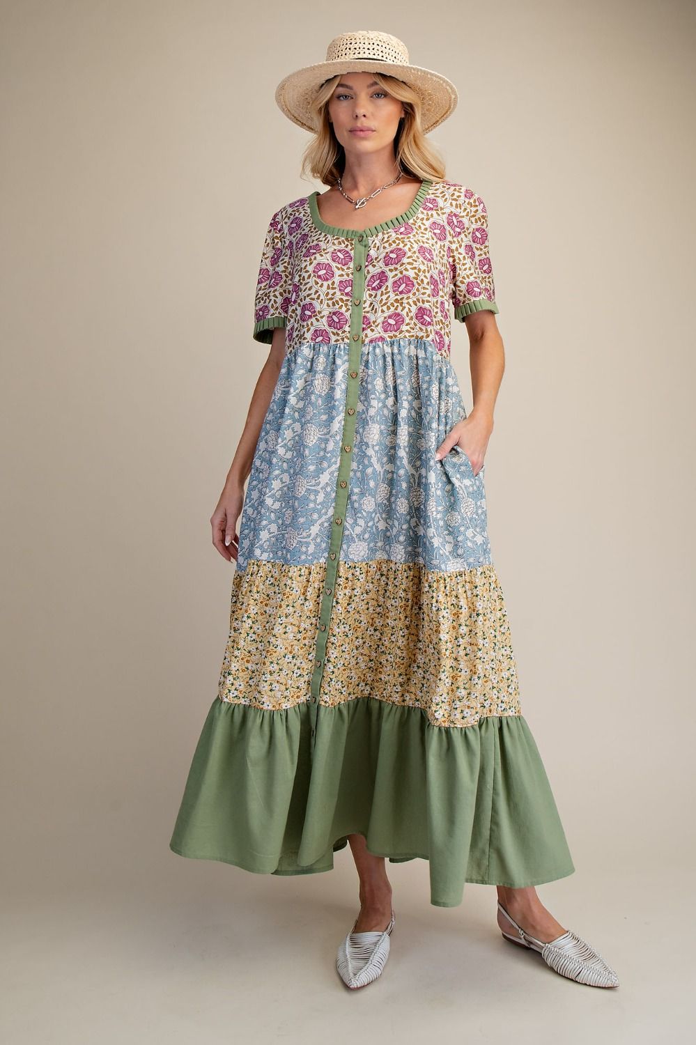 Easel SPRING PRINT MIX TIERED MAXI DRESS