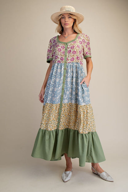 Easel SPRING PRINT MIX TIERED MAXI DRESS