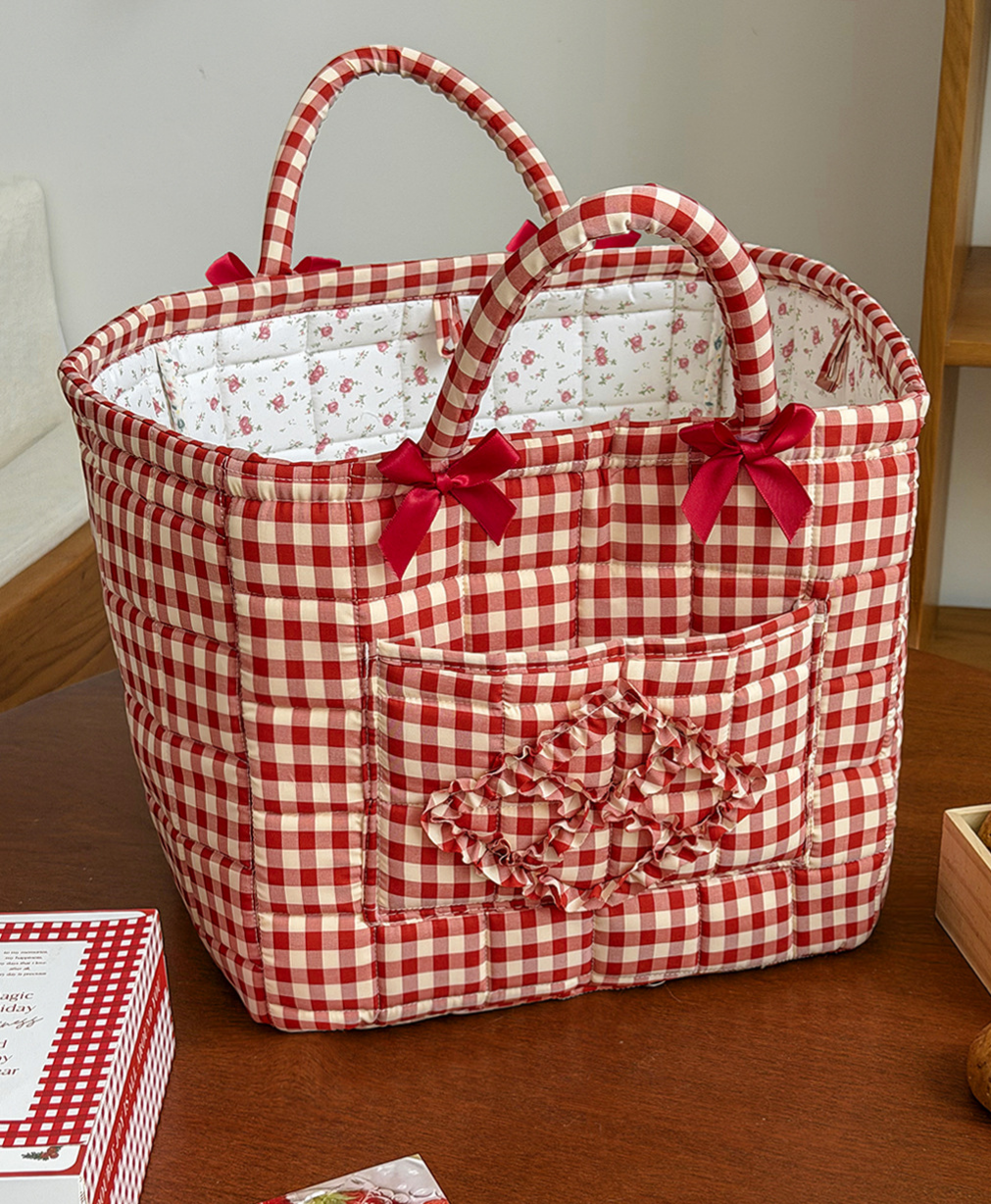 Rose Red Gingham Laundry Basket Foldable Quilted Storage Basket