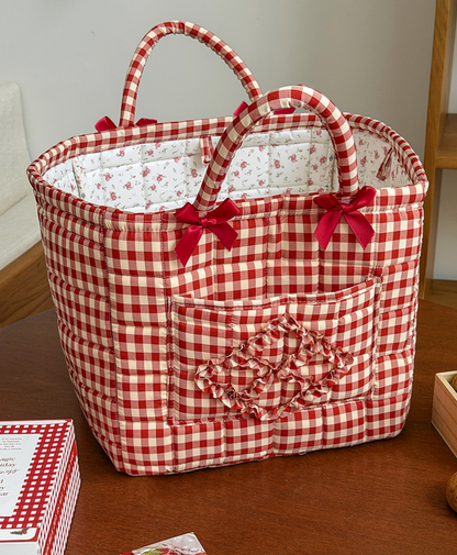 Rose Red Gingham Laundry Basket Foldable Quilted Storage Basket