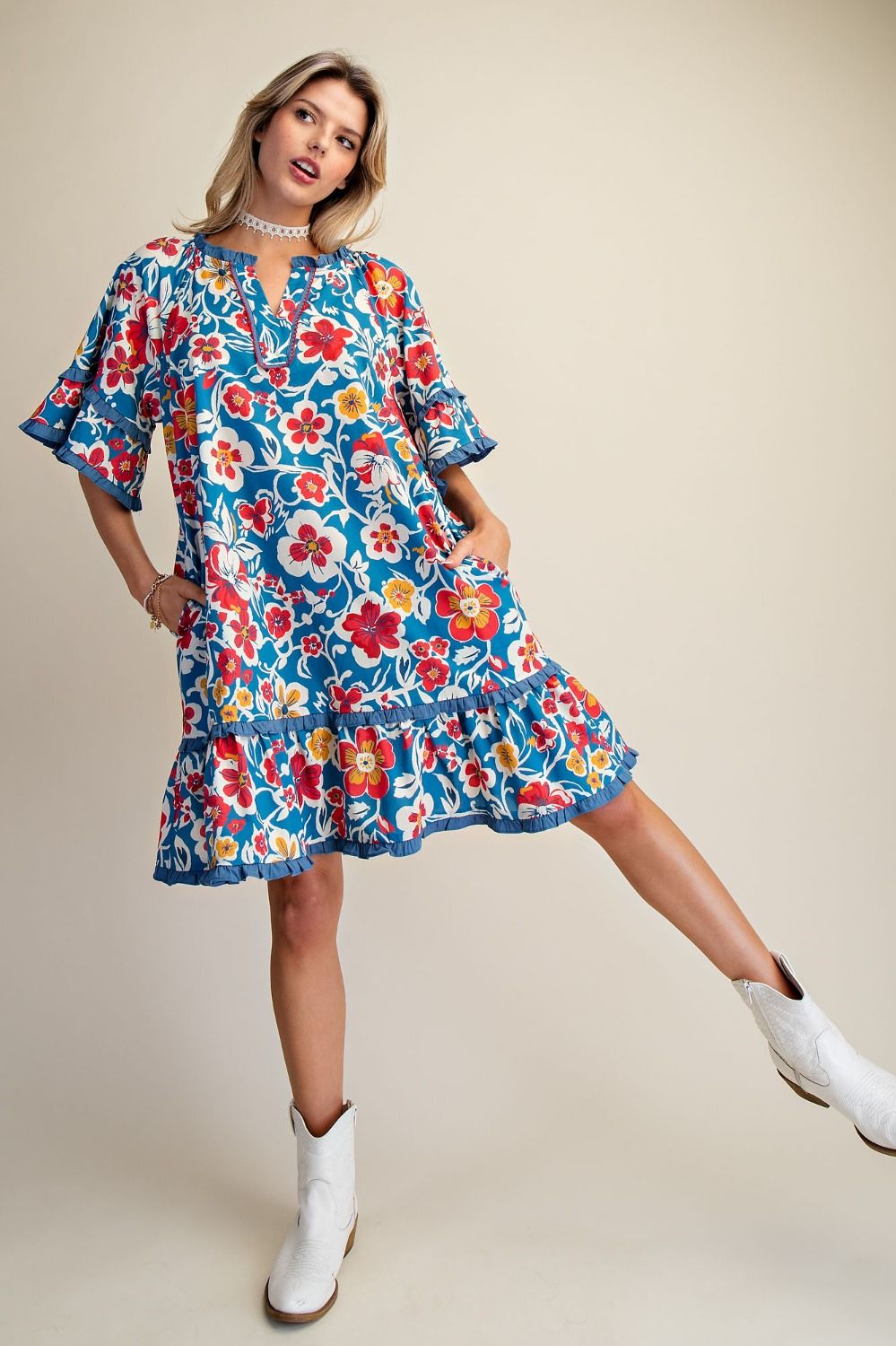 FLORAL INDIGO PRINTED POPLIN RUFFLE BOTTOM DRESS