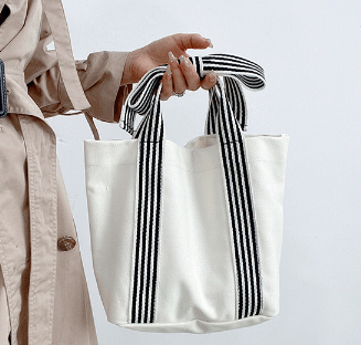 Beige Mini Striped Tote Bag Beach Bow Handle Bag