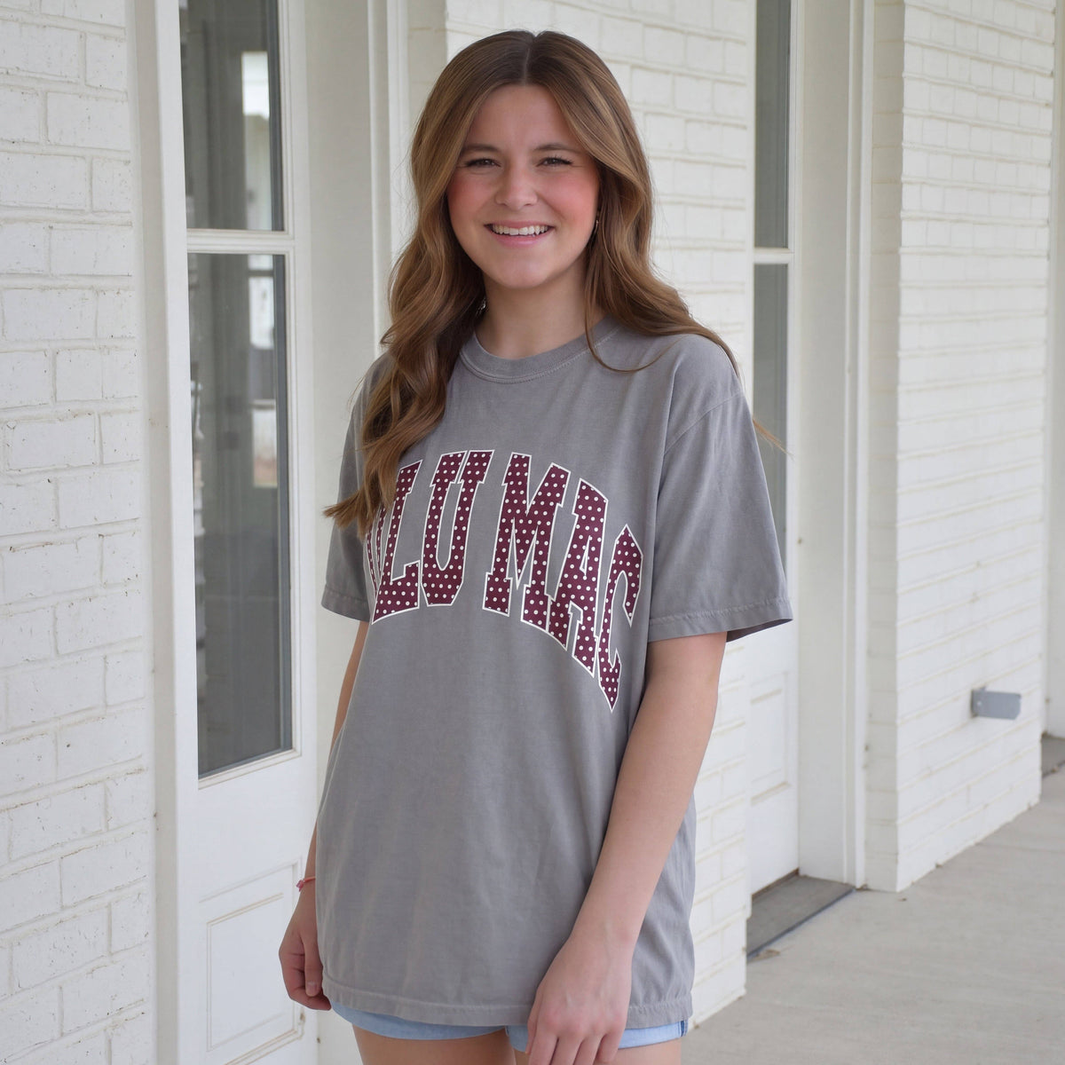 Lulu Mac LM-TS-1007 Team Maroon/White Polka Dot Adult Granite Comfort Colors Tee