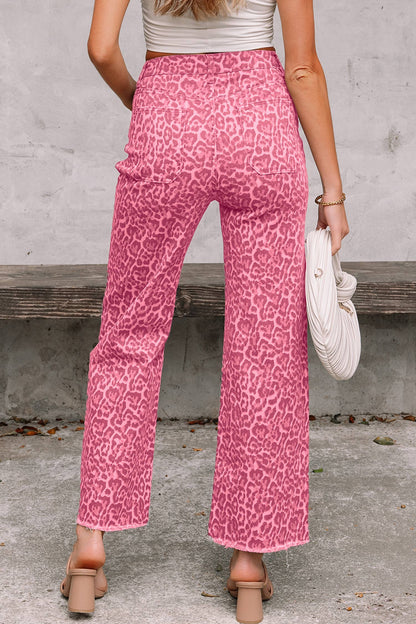 Leopard Frayed Edge Wide Leg High Waist Jeans