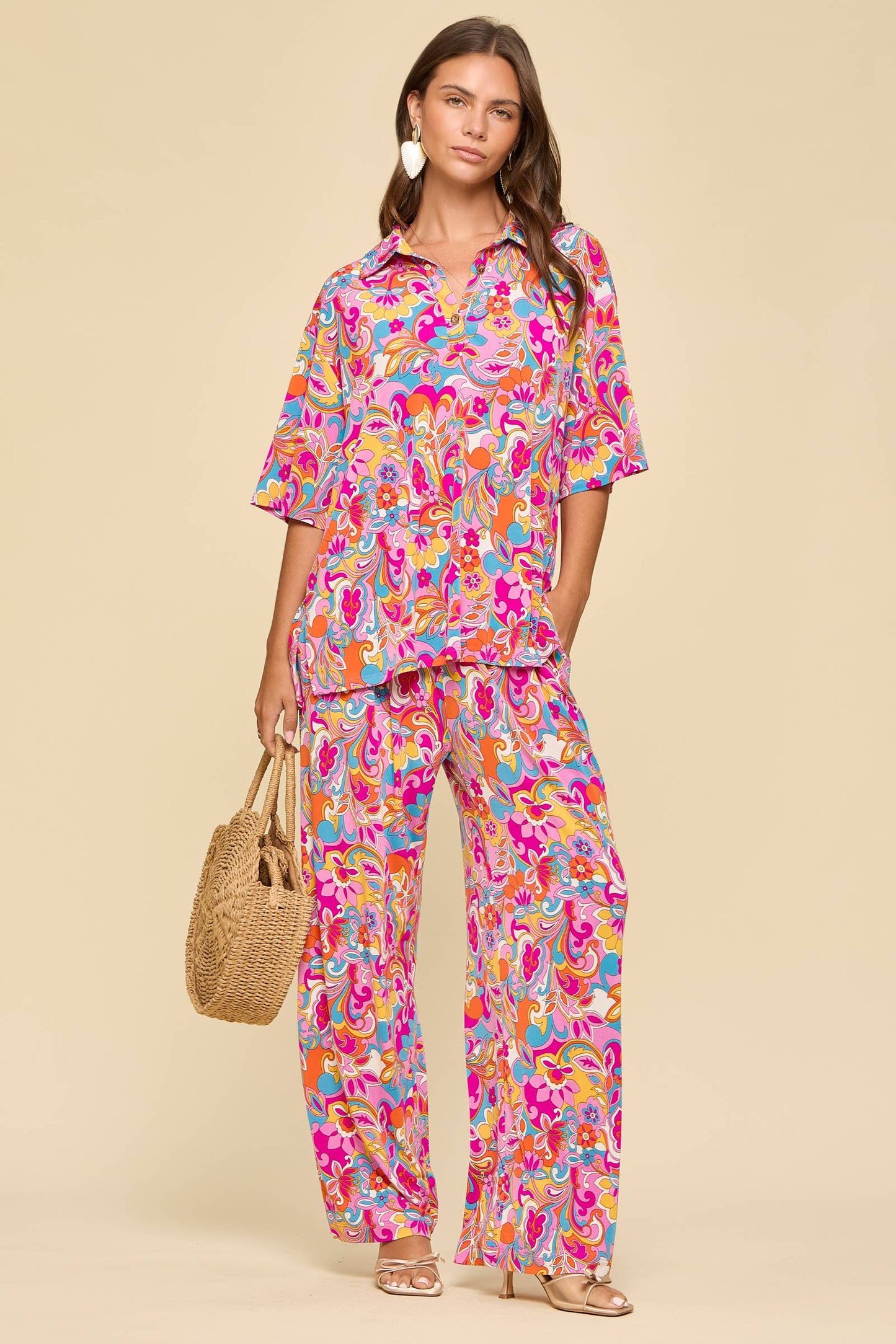 2-Piece Multi Blouse + Relaxed Pants Resort Wear Set
