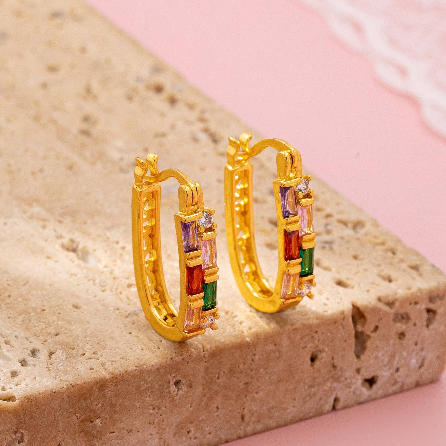 Rainbow Gemstone Bar Hoop Earrings | 80E61912: Gold