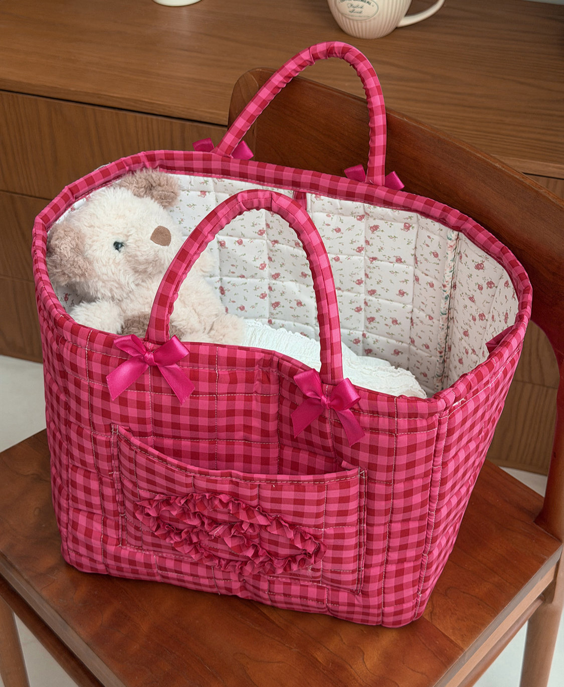 Red Gingham Laundry Basket Foldable Quilted Storage Basket