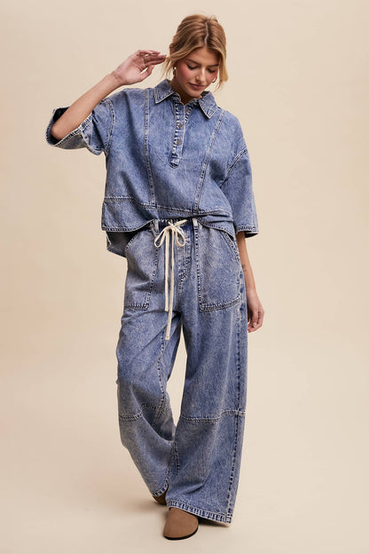 Wide-Leg Denim Drawstring Pants