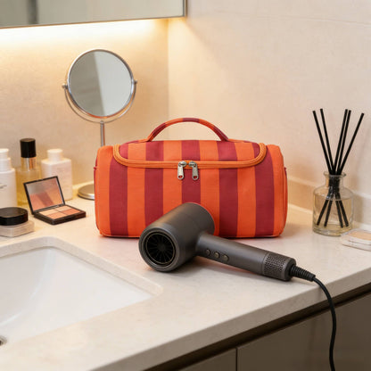 Green Pink Color-block Striped Hair Tool Storage Bag Travel Carry Case