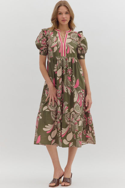 Olive Paisley Midi Dress