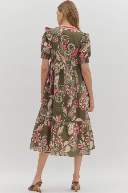 Olive Paisley Midi Dress