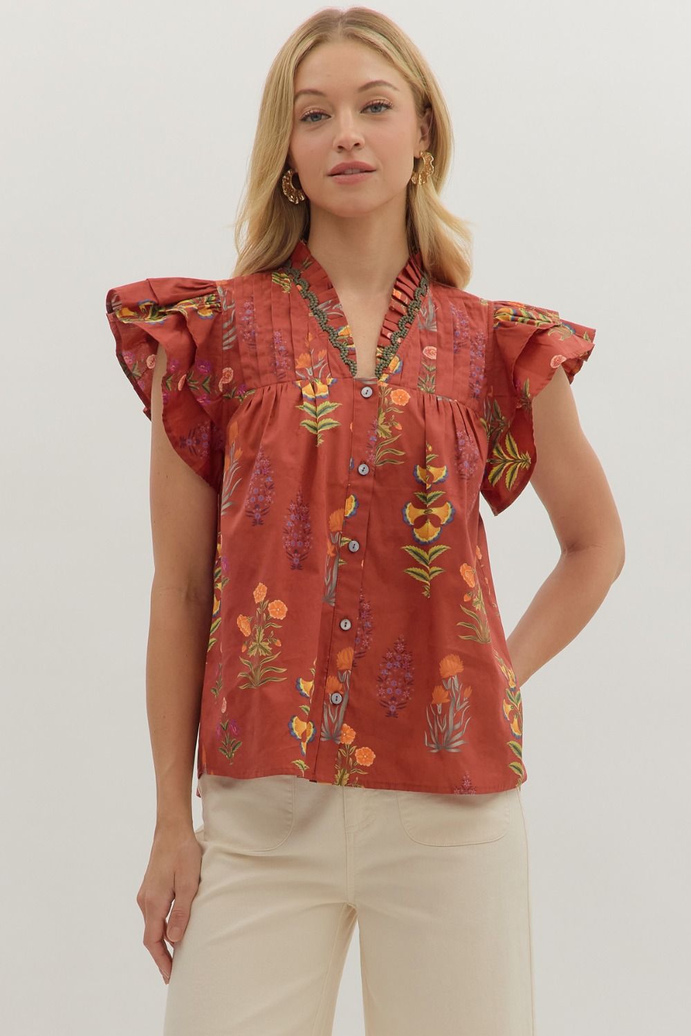Brick Botanical Blouse by Entro