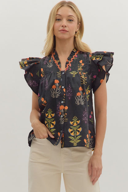 Black Botanical Blouse by Entro