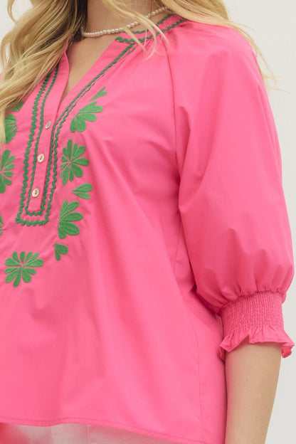 Hot Pink Blouse with Green Ric Rac